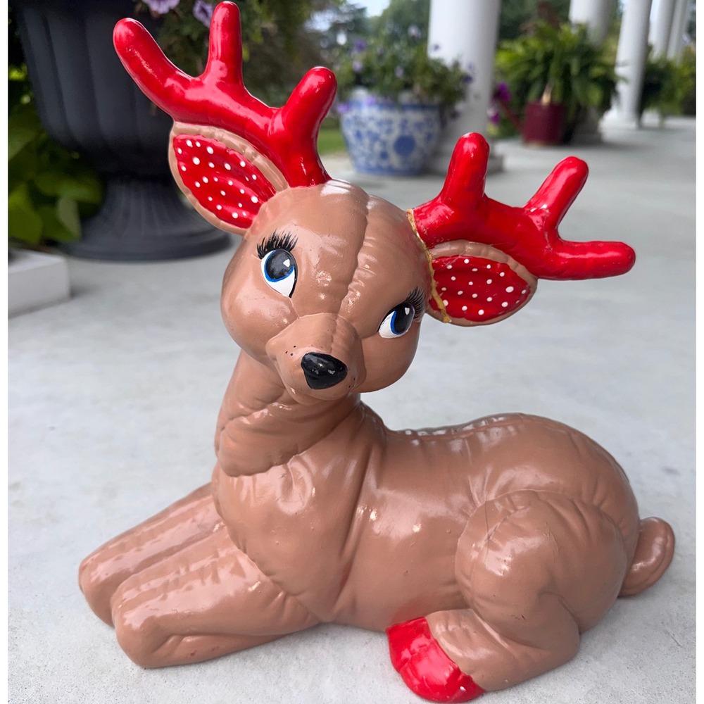 Vintage 1986 Kimple Mold Ceramic Reindeer Figurine Red Antlers Christmas Lg